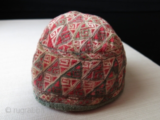 Turkmen Chodor antique tribal hat, silk embroidery with traditional Chodor designs. circa 1900 - Size- 7" in diameter - 5.1/2" tall.            