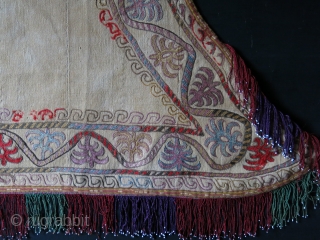 Kirgiz ceremonial horse blanket, silk and wool embroidery on hand loomed cotton. Corroded reds are wool. Printed cotton backing. Circa 1900 - 1920, size : 34" by 56" at bottom - 140  ...