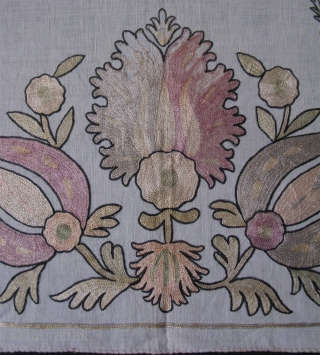 Ottomasn Textile. Silk fine chain stitch embroidery. Little wear in center blossoming flower. Circa 1900's. Size: 19" x 70" - 48cm x 177cm.          