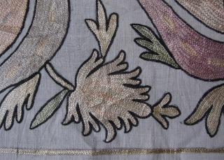 Ottomasn Textile. Silk fine chain stitch embroidery. Little wear in center blossoming flower. Circa 1900's. Size: 19" x 70" - 48cm x 177cm.          