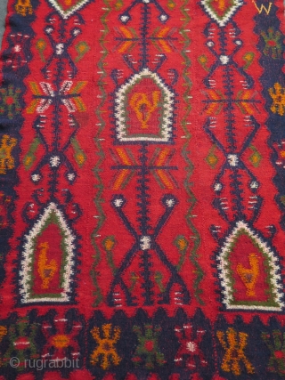 Antique Balkan Sarkoy kilim, woven in three panels in design of 2-1-2. Strong saturated colors. One little stain about 2" x 2". Circa 1900 - 1920. Size: 66" x 98" - 167  ...