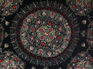 Central Asia, Kirghiz wall or bedding pile hanging. Silk very fine chain stitch embroidery on velvet with traditional wild crocus floral designs.. Circa 1920-30s. Size: 50" x 53" - 127cm x 136cm. 