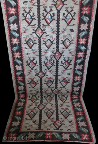 Balkan kilim. Some worn areas as can be seen on photos. Size 39.3" x 114" - 100 cm x 290 cm.            