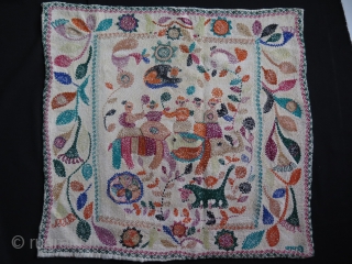 West Bengal, Khanta- traditional ceremonial folk designs. silk embroidery on fine quilted  cotton. Size 18.5" x 19" - 47 x 48 cm.          