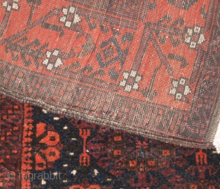 Baluch rug, deep, rich & lustrous 34 x 63" mini khani variant. some edge wear along the selvage.               