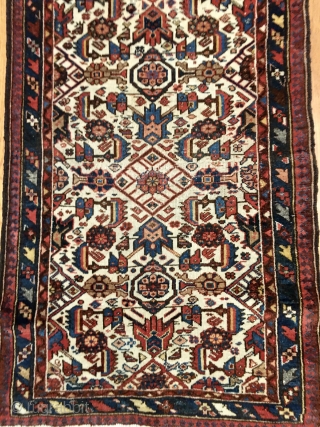 Small Antique White Field East Caucasus Rug, probably Shirvan/Kuba or Dagestan.  Contains a good combination of saturated colors. Unusual design. Low pile in the center with medium pile elsewhere. Few rows  ...