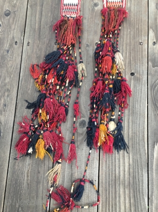 Two Antique Uzbeki tentbands woven with silk on cotton, and all natural dyes. Size of bands without tassles: 10'8" by 3" wide, and the other is 11' 6" by 3" wide. The  ...