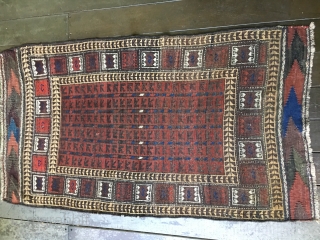 Small Antique Baluch rug, probably late 19thC. Good condition with original kilim ends. selvages replaced. Good condition with lower pile in center. Unusual border design. Nice saturated colors including a brilliant blue  ...