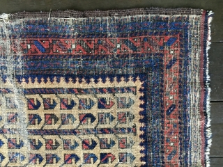 Unique Antique Baluch rug. Early example. Worn condition with some knots showing. All colors derived from natural dyes. Natural camel hair field containing several rows of the tree of life/bird design. Size:  ...