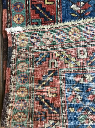 Colorful Antique Caucasian Shirvan or Shirvan-Kuba Prayer Rug from the late 19thC. Some wear with medium to full pile throughout. All natural colors with nice abrashes and several blues, greens and a  ...
