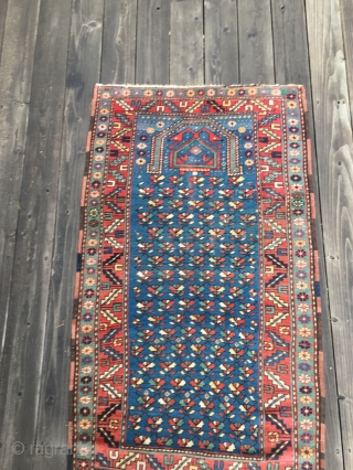 Colorful Antique Caucasian Shirvan or Shirvan-Kuba Prayer Rug from the late 19thC. Some wear with medium to full pile throughout. All natural colors with nice abrashes and several blues, greens and a  ...