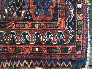 Early Antique Jaf Kurd bag face, probably from the 3rd Qtr 19th Century. All natural colors including a variety of saturated blues and greens. Bold and unusual design. Mostly full pile with  ...