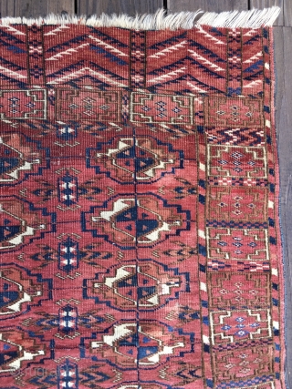Exceptional old Tekke Turkoman Wedding Rug from the 19th Century. All natural colors including saturated blues and two reds in elems. Unusual main border design not known to me previously. Good condition  ...