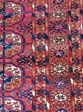 Brightly colored antique Tekke Turkman small possibly ceremonial or wedding rug. All good colors with cochineal and madder throughout. Allover good medium pile. Selvedges original except as shown in last photo. Measures  ...