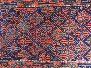 Beautiful Antique Baluch rug, probably late 19thC. Very good condition with good pile and very few low places. Only sight oxidation. All organic colors including nice blues and green. Original selvages and  ...