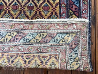 Antique Caucasian Shirvan or Dagestan rug circa 1890 - 1910. Bright lemon-yellow field and borders with an overall lattice design All natural saturated colors with  red, light blues and green. Unusual  ...