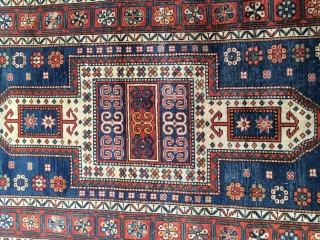 Antique Sewan Kazak Rug. Early 20th Century, 1910-1920. Lovely all organic colors including a natural orange and nice greens and blues. Original side cords and ends. Size 88"X 45"/223 X 114cm. Good  ...