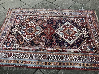 A very nice dated antique Qashqai tribal rug from Southwest Persia, size: ca. 210x150cm / 7ft by 5ft . The rug is dated in one corner: 1325      