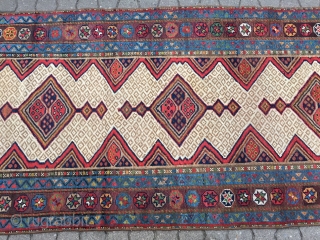 Very decorative antique Kurdish tribal runner, size: ca. 435x102cm / 14'3''ft x 3'3''ft good overall condition, sides and ends rebound. www.najib.de            