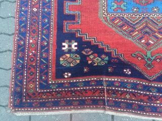 Antique Kazak rug with a beautiful sky blue center. Size: ca. 235x155cm / 7'7''ft x 5'1''ft , some localized wear.             