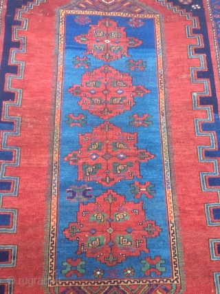 Antique Kazak rug with a beautiful sky blue center. Size: ca. 235x155cm / 7'7''ft x 5'1''ft , some localized wear.             