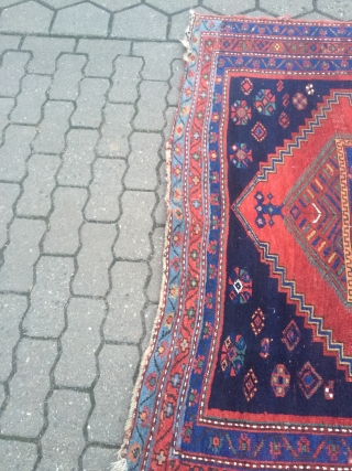 Antique Kazak rug with a beautiful sky blue center. Size: ca. 235x155cm / 7'7''ft x 5'1''ft , some localized wear.             