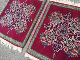 a fine pair of antique Persian Keshan Poshtis. Age: circa 1920. Good condition. Size: ca. 65x55cm each / 2'2'' x 1'8''ft            