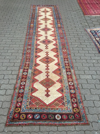 Very decorative antique Kurdish tribal runner,19th century size: ca. 435x102cm / 14'3''ft x 3'3''ft wool on wool, sides and ends rebound.  www.najib.de
          