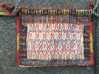 Lovely small flat woven Qashqai personal bag or so called "chanteh", very nice tribal weaving from Qashqai tribes of Southwest Persia. Wool pattern on cotton foundation, size: 25x20cm     