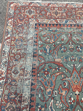 A highly decorative antique Persian Sultanabad carpet. Size: circa 430x300cm / 14ft by 9’8ft beautiful light pastel colors, very nice soft green field color, soft color transition. Although it may show some  ...