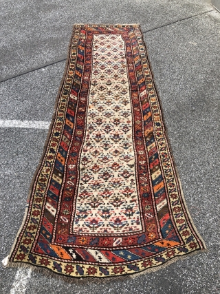 Very nice antique ivory ground Kurdish (Caucasian?) runner, size: ca. 340x108cm / 11'2''ft by 3'6''ft                  