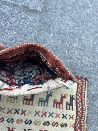 A beautiful Antique Kordi saltbag or so called Namakdan from Northeast Persia displaying animal caravans on one side. Woven in Soumakh technique. A Namakdan is a container to store and carry salt.  ...