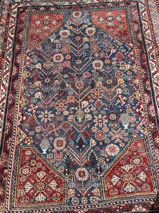 Antique Qashqai tribal rug from Southwest Persia, beautiful sky blue field color and a very nice tree design. Size: circa 180x135cm / 6ft by 4’5ft http://www.najib.de you can also contact us through  ...