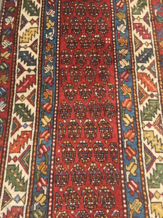 Antique Caucasian Gendje long rug with chunky pile and beautiful saturated colors, size: 287x107cm / 9'4''ft x 3'5''ft               