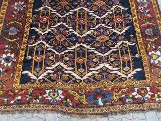 Antique Persian Bakhtiary village rug from the 19th century, wool foundation, beautiful natural colors. size: 405x190cm / 13'3''ft x 6'3''ft             