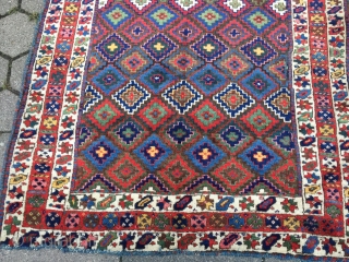 Antique Kurdish Saujbulagh tribal rug with fantastic colors and shiny wool. Circa 1870. Size: ca. 260x140cm / 8'5'' x 4'6''ft The design of this village weaving displays interlocking stepped diamonds that completely  ...