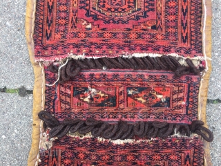 Antique Turkmen Tekke Khorjin / double bag with embroidered backside , size: ca. 80x40cm / 2'6''ft x 1'3''ft               