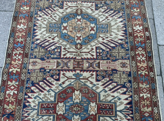 Antique Caucasian Zeywa / Zejwa rug from the East-Caucasus. Beautiful design with 2 large sunburst medallions. Light overall wear and minor corner damage. Size circa 150x117cm / 5‘ft by 3’9ft http://www.najib.de  