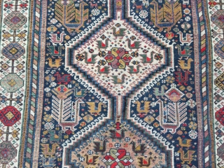 Antique Shekarlu Qashqai tribal rug from Southwest-Persia with lots of birds and animals, age: circa 1900. size: ca. 235x135cm / 7'7''ft x 4'4''ft , little damage from World War II in one  ...