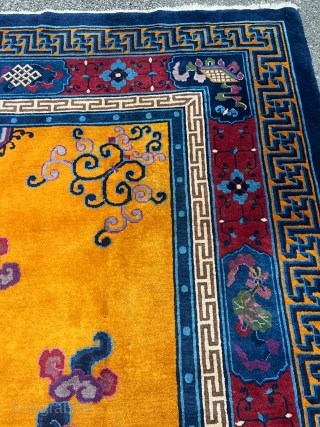 Very decorative antique Chinese carpet, beautiful tangerine field color. Size: ca. 415x320cm / 13’6ft by 10’5ft http://www.najib.de                