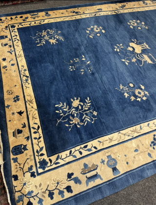 Very decorative antique Chinese Peking carpet, good condition. Beautiful blue field color. Size: ca. 325x240cm / 10‘7ft by 7‘9ft http://www.najib.de             