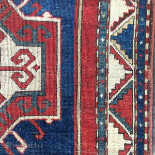 Fachralo Kazak Prayer Rug, Southwest Caucasus, late 19th century, the royal blue mihrab Abrajed upon a rust field, 8 pointed star positioned at Mihrab nich, within an ivory, gold, Royal blue, and  ...