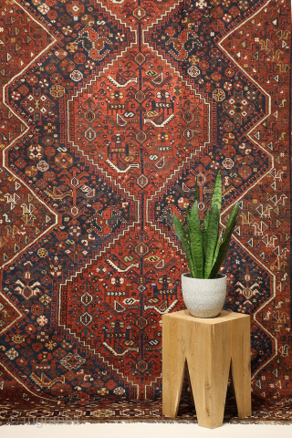 A close inspection of this antique Arab rug woven in the Shiraz area reveals a fascinating design. At first glance, it appears to be a typical example of the Arabs from Fars  ...