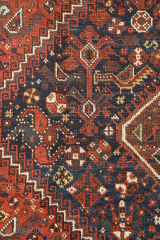 A close inspection of this antique Arab rug woven in the Shiraz area reveals a fascinating design. At first glance, it appears to be a typical example of the Arabs from Fars  ...