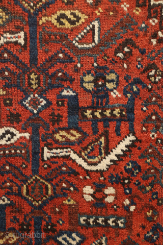 A close inspection of this antique Arab rug woven in the Shiraz area reveals a fascinating design. At first glance, it appears to be a typical example of the Arabs from Fars  ...