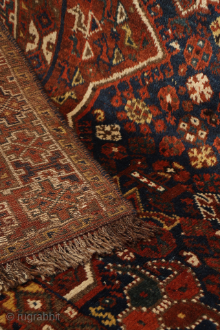 A close inspection of this antique Arab rug woven in the Shiraz area reveals a fascinating design. At first glance, it appears to be a typical example of the Arabs from Fars  ...