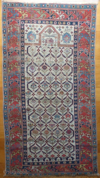 Shirvan Kabistan Marasali prayer rug from southern Shirvan region(dated AH1257, or 1841AD), 154x82cms in good overall condition, low even pile, nice overall colour harmony and design resolution, about 1cm missing from the  ...