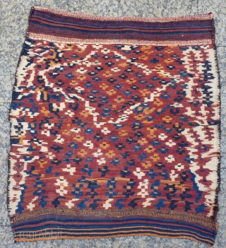 Artistic Bakhtiari bread-making soffreh, thick sturdy interlocking weave (double interlocked tapestry), shows trace remains of flour on the front face, from about 1950, all wool with goat hair binding to selvedges, weaving  ...