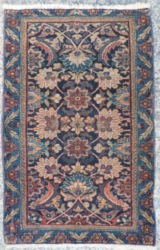 north west Iran, small antique kordi rug, short overall even pile, missing part of side and end borders, otherwise nice design and colours, 107x70cms, 3ft6in by 2ft3in      