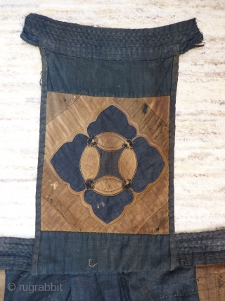 Ethnic sub-group from the "Miao" category, baby carrier, 77x53cms, dark blue, what looks like a hand-loomed cotton (or maybe other plant fibre) base, with extremely finely embroidered materials sown on top, 3  ...